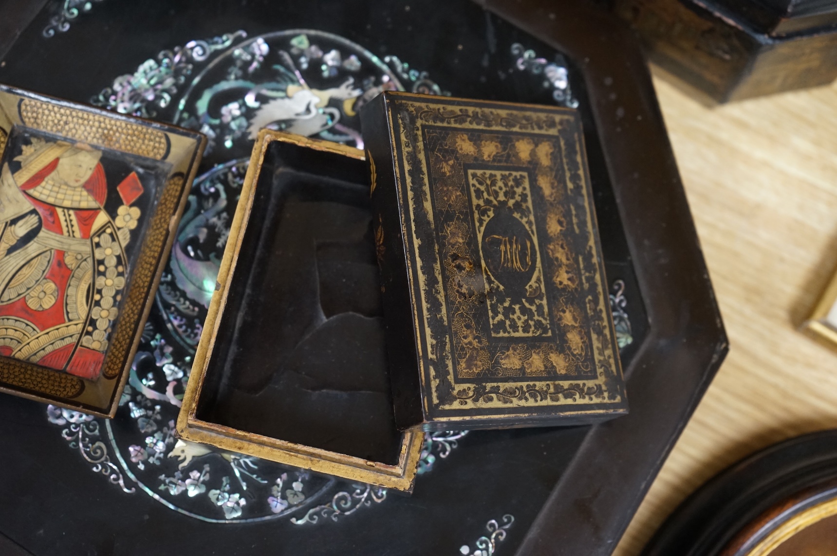 A group of 19th/20th century Chinese lacquer boxes, the largest 34cm wide